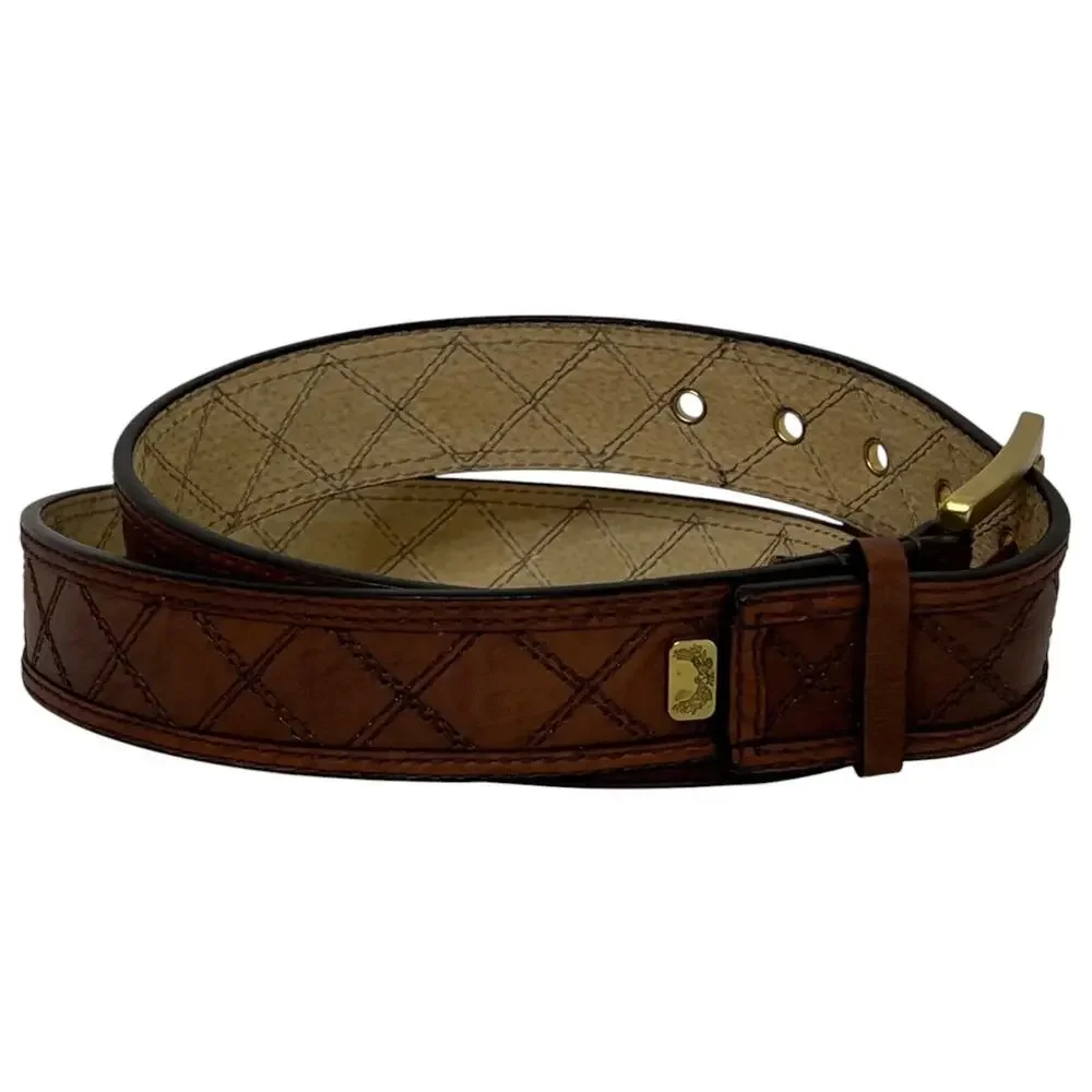 Mens Brown 100% Leather Belt Size Large Stitched Leather Goldtone Buckle Western